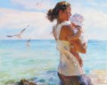 mother and baby on beach seagulls 44 Impressionist